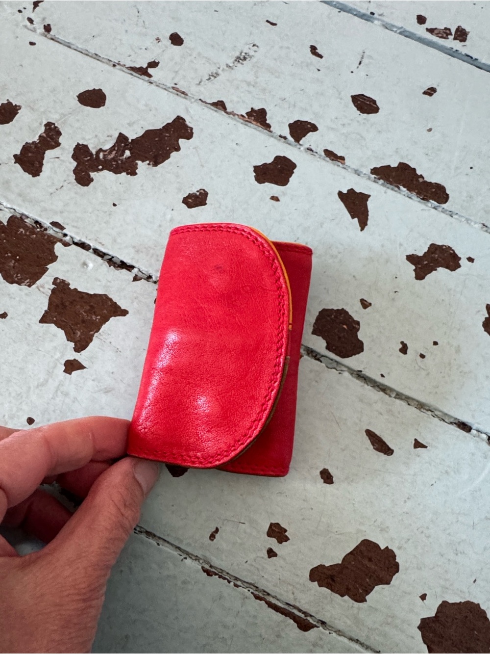 1980's Leather Key Fob Coin Purse Red, Yellow Green Retro Vintage